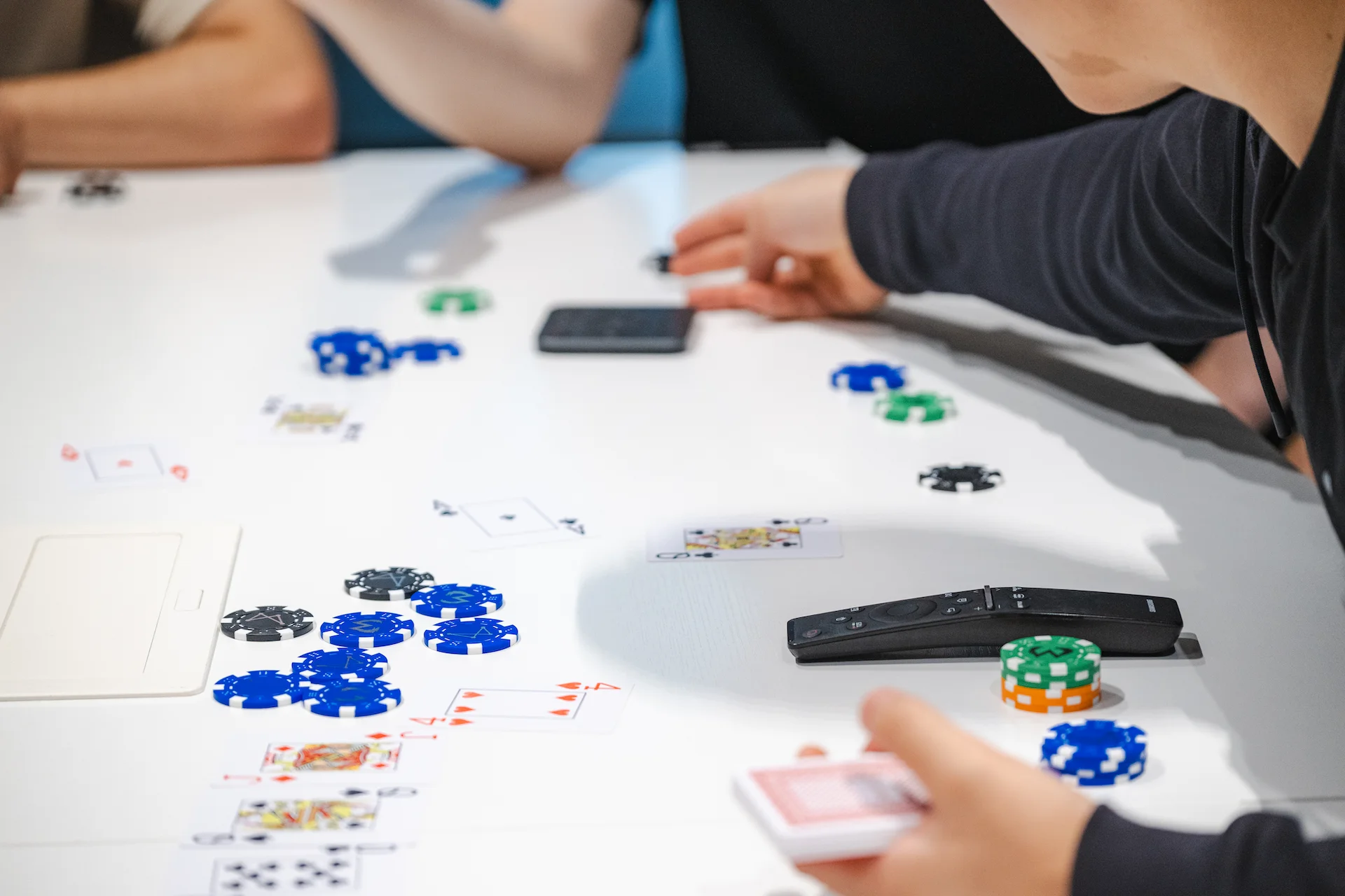 Playing cards and poker chips on the table during a betting game